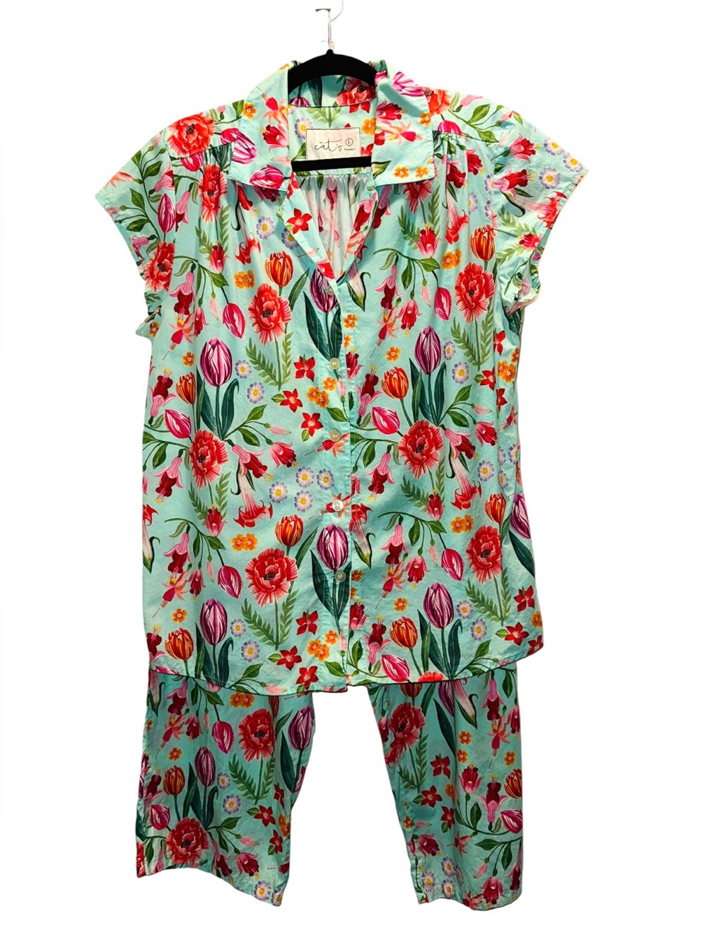 The Cat's Pajamas Floral Cotton Pajama Set Capri Pants Cap Sleeve Mint Size L